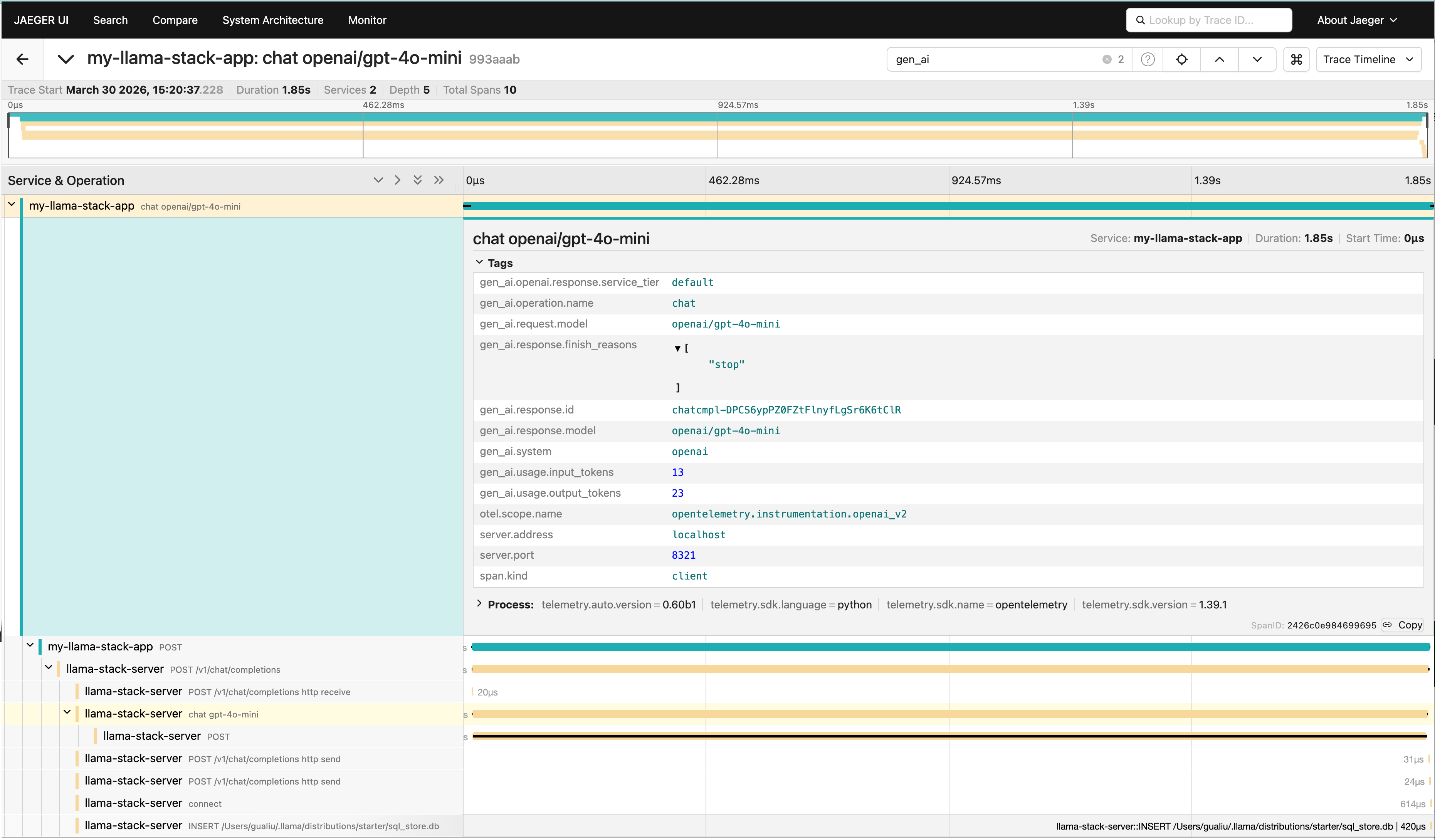 Jaeger distributed traces for Llama Stack